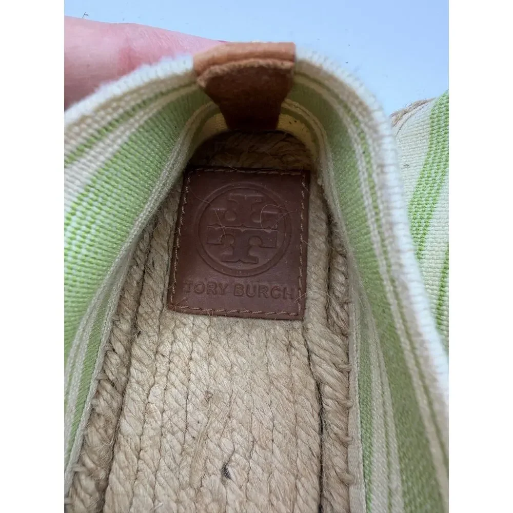 Tory Burch Striped Espadrille Slip-On Flats Green‎ Ivory Canvas Jute Women’s 10